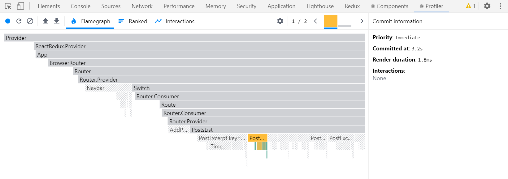 React DevTools Profiler render capture - optimized &lt;PostsList&gt;